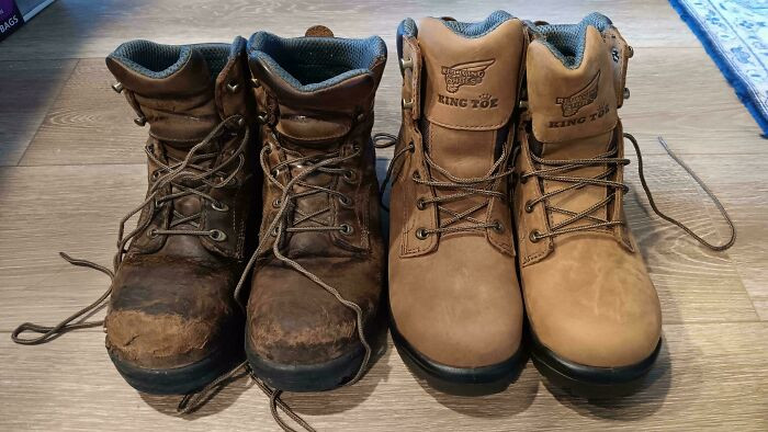 "My Wife's Boots After 3 Years Of Factory Work vs. The Brand New Ones"