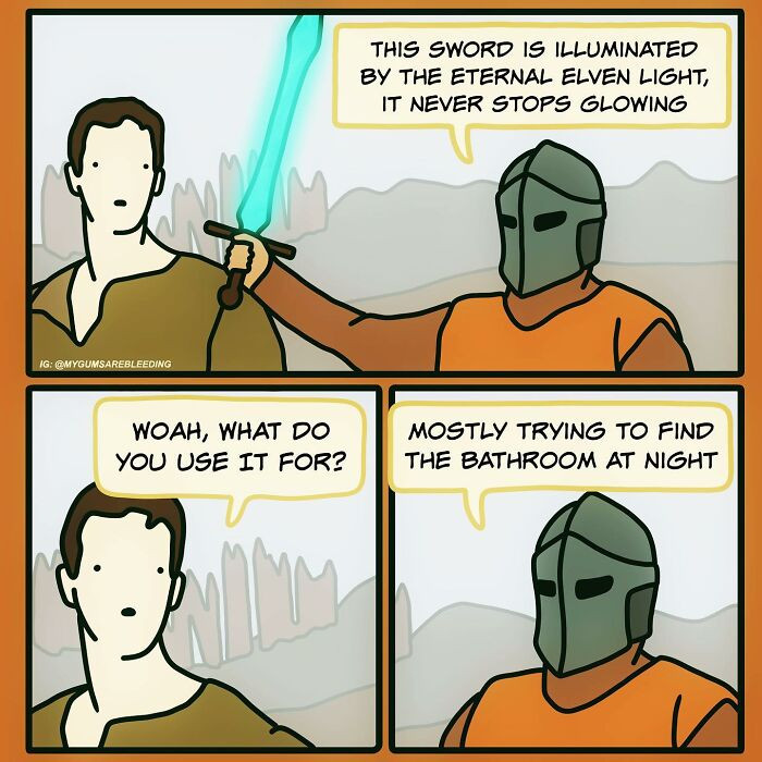34. Using the illuminating sword to find the bathroom at night