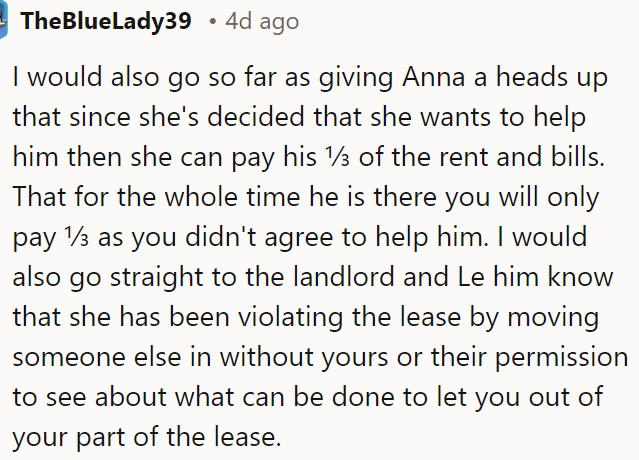 A Redditor said Anna should pay her boyfriend's share of the rent and bills