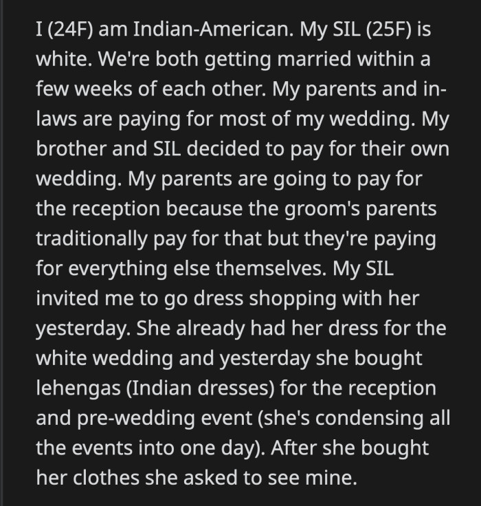 She worried that their guests would compare her dresses to OP's more extravagant ones