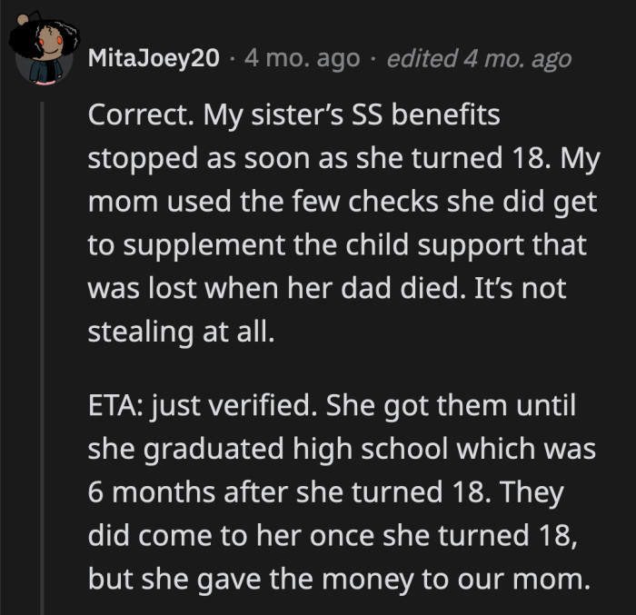 How many months of checks is OP still expecting to receive since he is already 18?