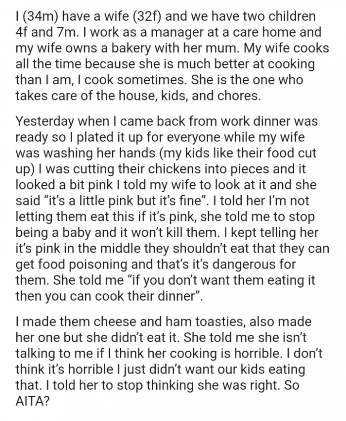 She told the OP she isn’t talking to him if he thinks her cooking is horrible