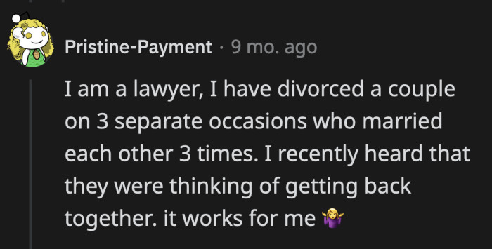 Do they get a punch card at their lawyer's office? How about the wedding vendors? Fifth wedding/divorce for free or something?
