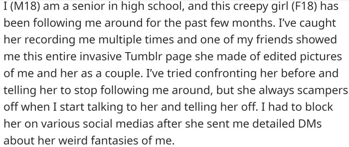 OP, a male senior in high school, was disturbed by the behavior of a female classmate