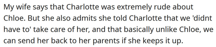 The Redditor's wife told Charlotte they could send her back to her parents if she misbehaved.