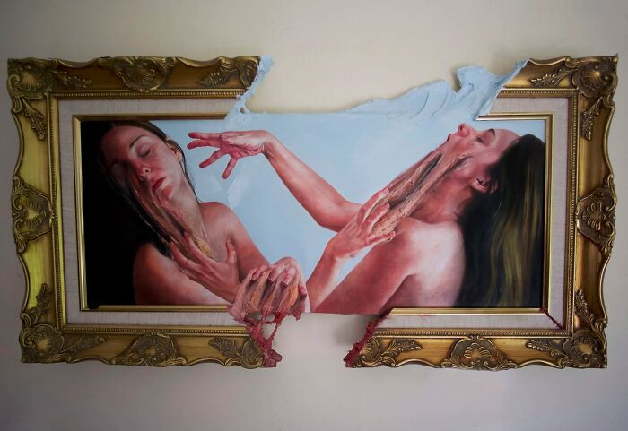 "Oil on wood and frame sculpture."