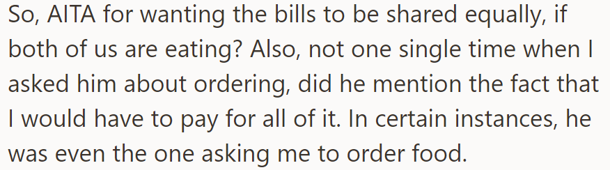 Given everything, the OP wonders if she is obligated to pay for his takeout food.