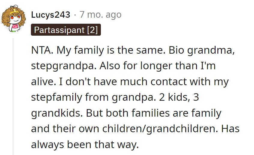 Biological grandma, step-grandpa sitcom vibes. Less contact, more characters; it's always been the plot.