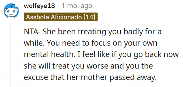 3. OP needs to focus on their own mental health first