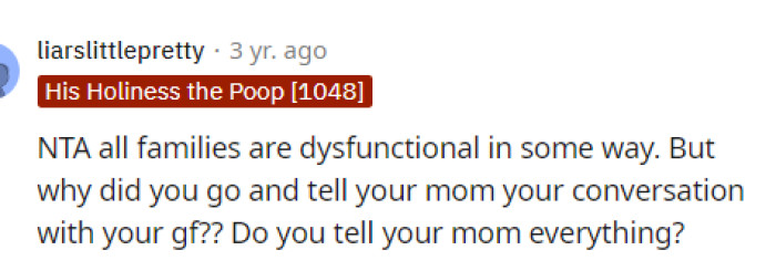 This person called out OP a little bit, but we do agree that all families are dysfunctional on some level.