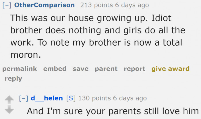 When moms do this to their sons, this is what happens. In other words, this is the future of the original poster's brothers.