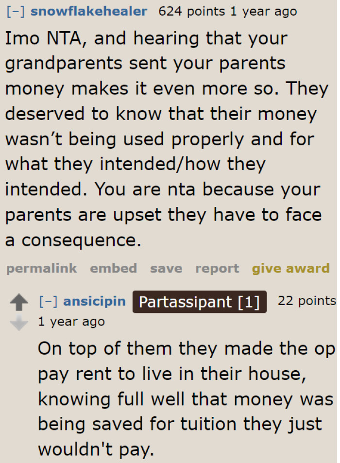 The parents should be thankful that the OP is paying for rent. Supporting his education is the least they could do.