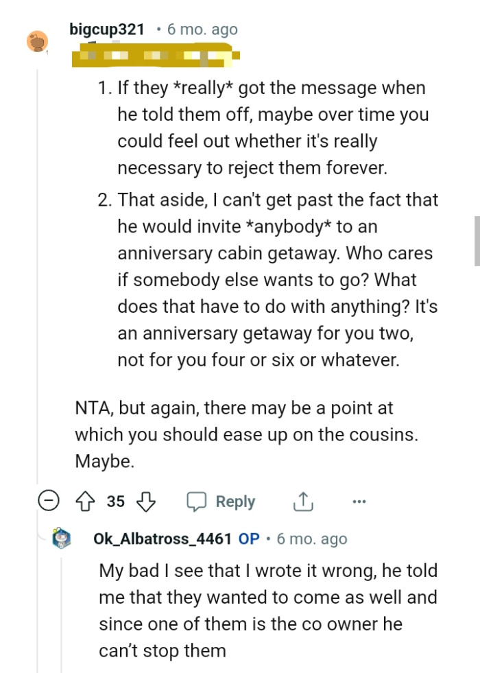 OP's boyfriend told her they wanted to come as well