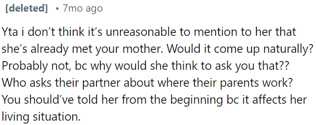 OP should have told her earlier that she already met his mother.