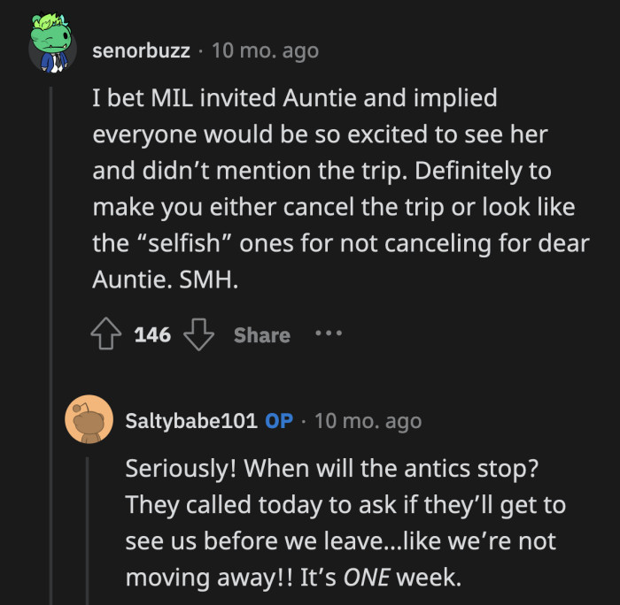 MIL definitely set this up to make OP look like the bad guy no matter what decision she made