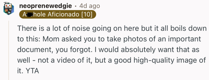 “YTA… Mom asked you to take photos of an important document, you forgot.”