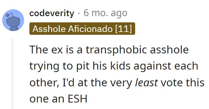 Ex's Transphobia and Sibling Rivalry Tactics? Solid 'ESH,' with a Bonus 'A' for Commitment to Chaos.