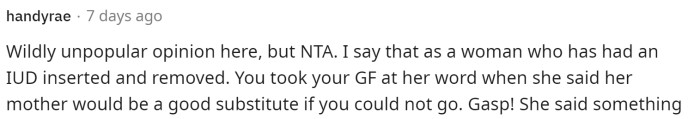 This person even said that OP was NTA because his girlfriend told him that it would be okay if he didn't go.