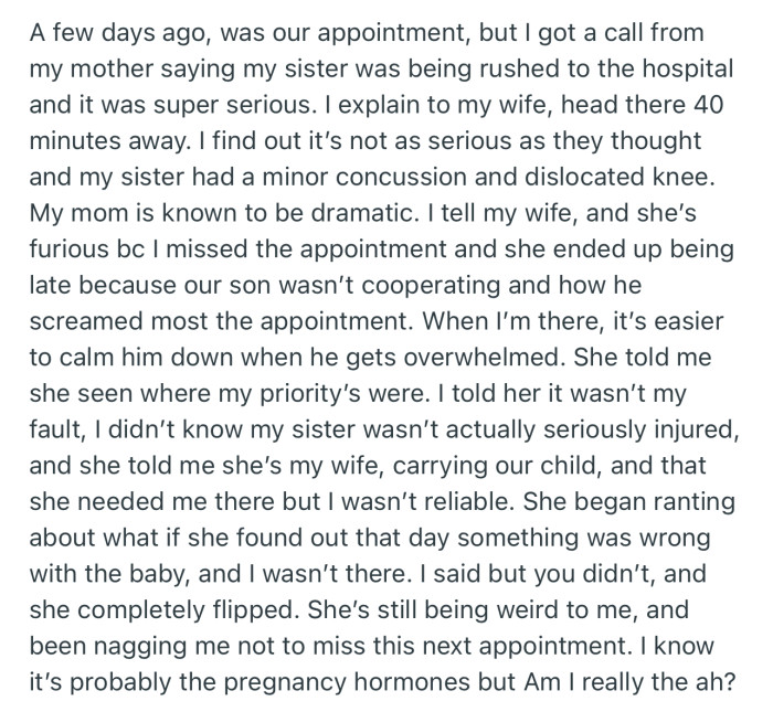 OP Ended Up Missing His Wife’s Doctor’s Appointment to Attend to His Sister’s 