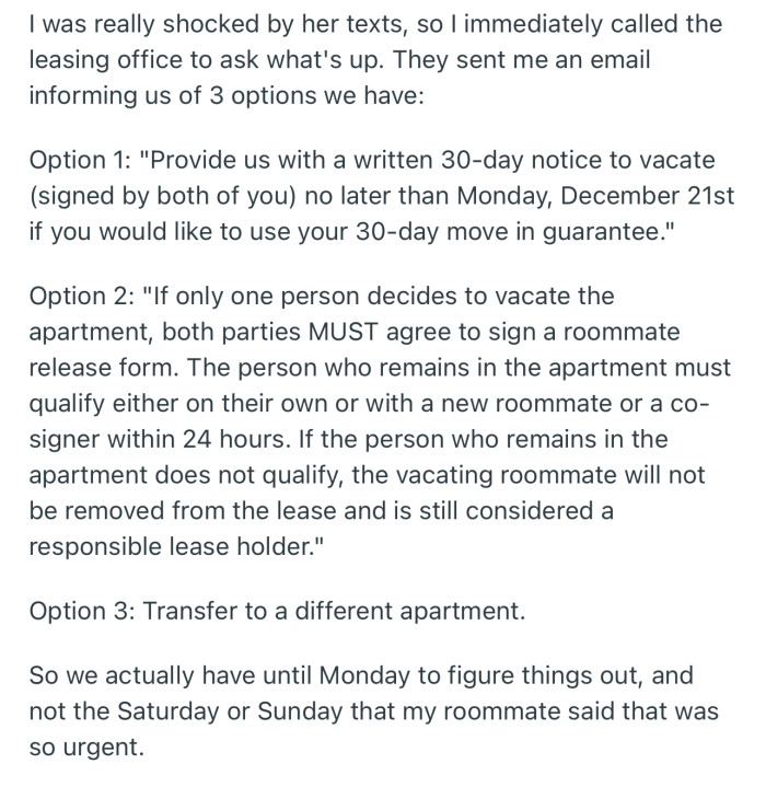 The leasing office has given OP and her roommate three options to choose from