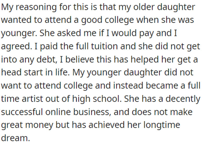 OP has two daughters: one graduated from college, which OP funded, and the other is an artist.