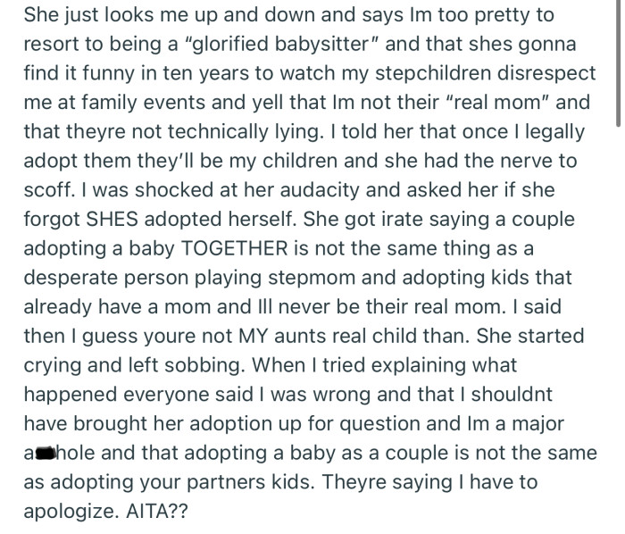 OP was shocked at her cousin’s disgust, and had to remind her that she, too, is an adopted child