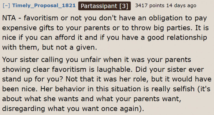 It's not anyone's obligation to buy the parents expensive gifts.