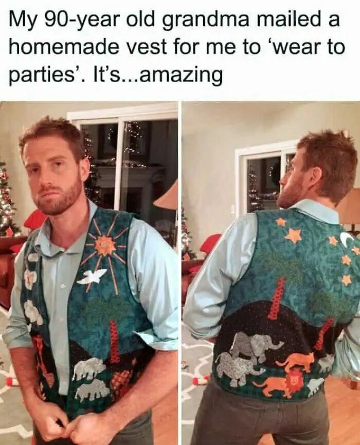 "Grandma Said “Wear It To Parties,” And Honestly, This Homemade Vest Deserves Its Own Invitation"