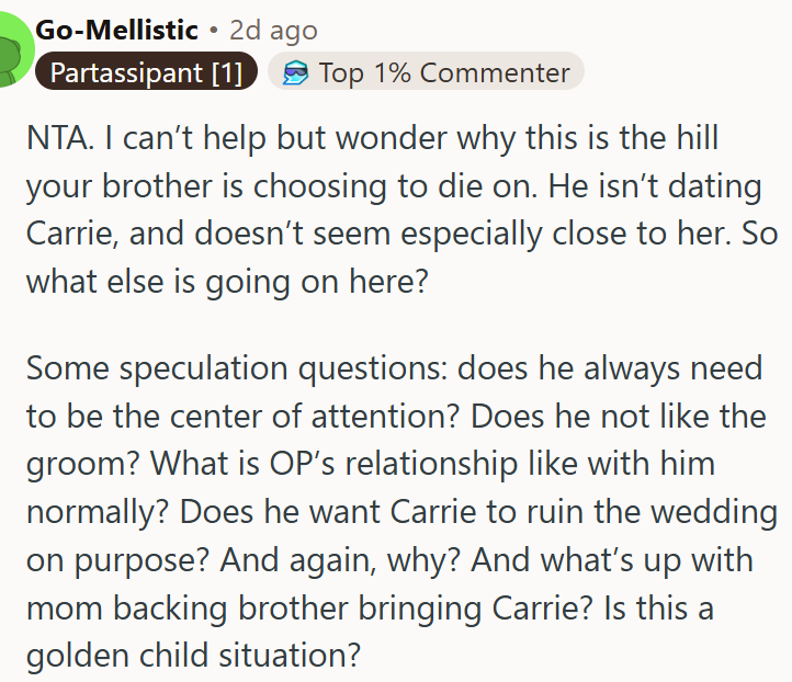 Brother’s insistence on bringing Carrie raises deeper family questions.