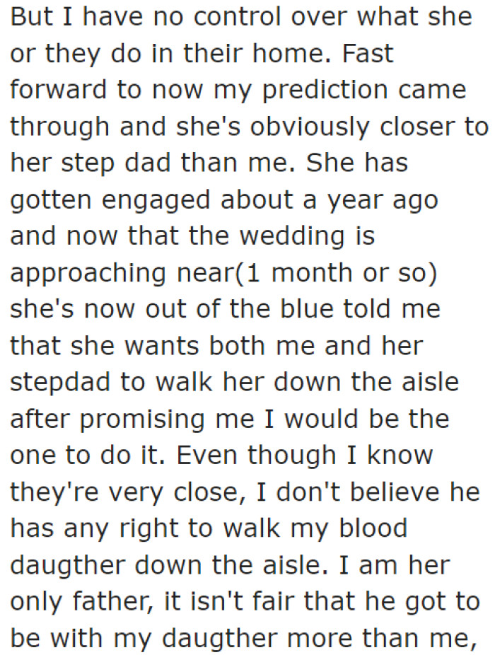 His daughter became close to the stepfather just as he feared. Now, the daughter wants both dads to walk her down the aisle.