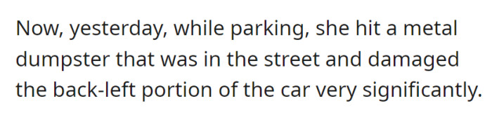 Yesterday, while parking, she significantly damaged the back-left part of the car by hitting a metal dumpster in the street.