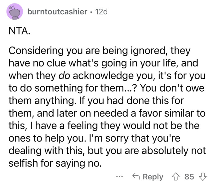 “...You are absolutely not selfish for saying no.”