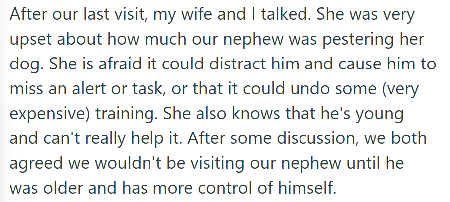 Worried about their nephew bothering her dog, they've decided to delay visits until he's older.