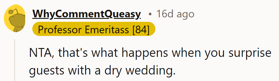 NTA—that’s what happens when she surprises guests with a dry wedding; drinks might’ve saved the night.