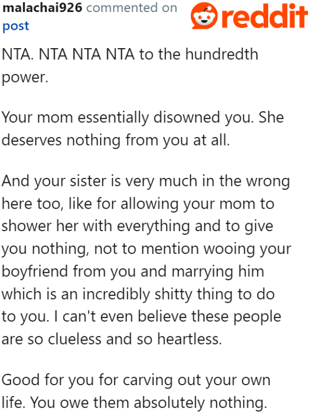 The OP owes her family nothing.