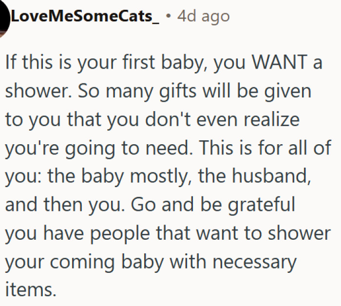 First-time moms should be grateful for their baby shower, not complain about it