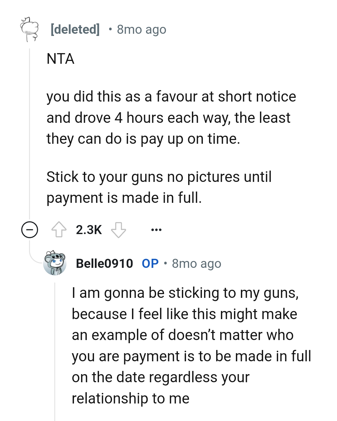 The OP should go ahead and stick to her guns