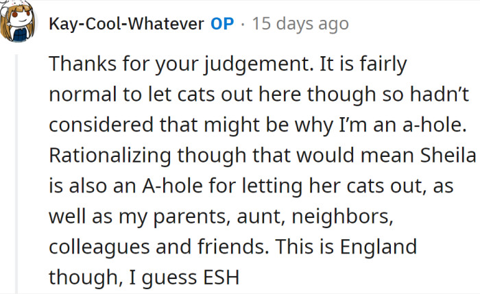 The OP replied that it's normal for everyone to let cats outside in the place where she lives.