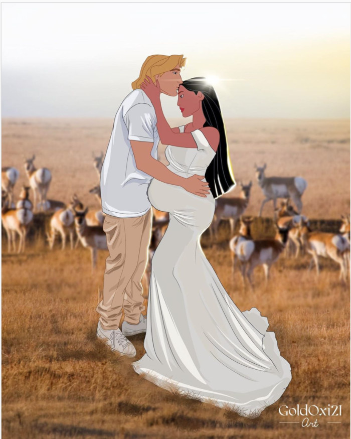 Pocahontas envisioned with John Smith for the ultimate pregnancy reveal