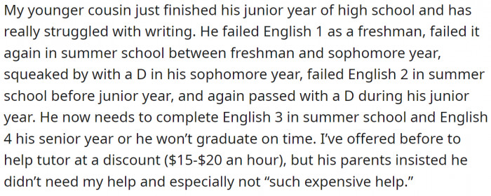 Previously, her cousin's parents didn't want 'such expensive help'.