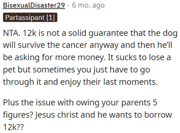 Giving $12,000 for the dog's cancer treatment doesn't guarantee survival.