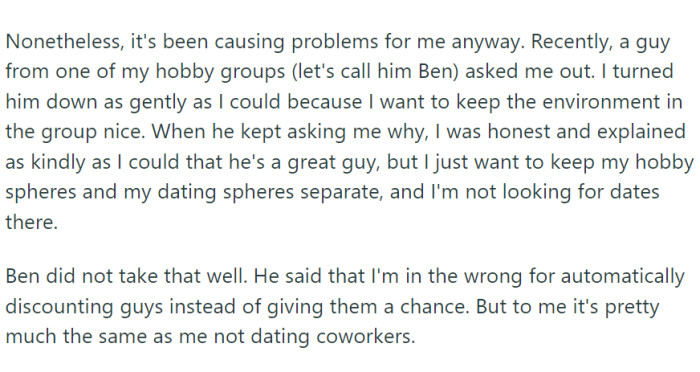 For OP, these spaces were sanctuaries to enjoy her hobbies, not platforms for finding potential dates.