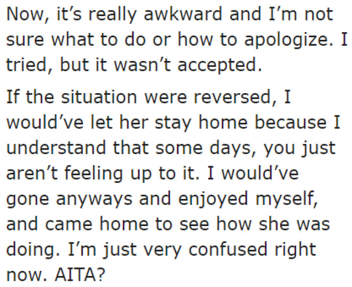 She wants to apologize, but she doesn't know how. Ultimately, she decided to ask the AITA community if she's in the wrong.