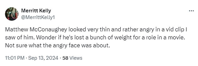 Social media user @MerrittKelly1 posted on X that he 'looked very thin and rather angry' and added: 'Wonder if he's lost a bunch of weight for a role in a movie.'