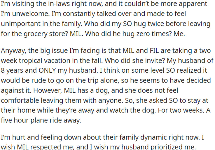Influenced by the difficult interactions within her extended family, OP wishes to receive respectful treatment from her mother-in-law. Additionally, she is striving to become a more significant focus for her husband.