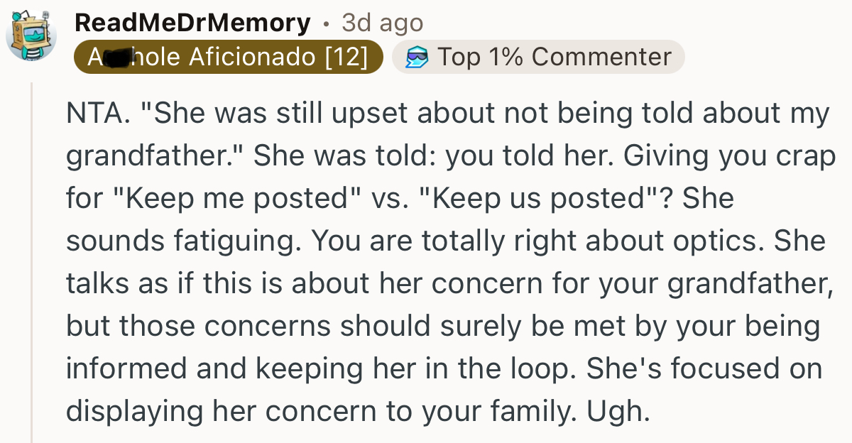 “She sounds fatiguing. You are totally right about optics.”