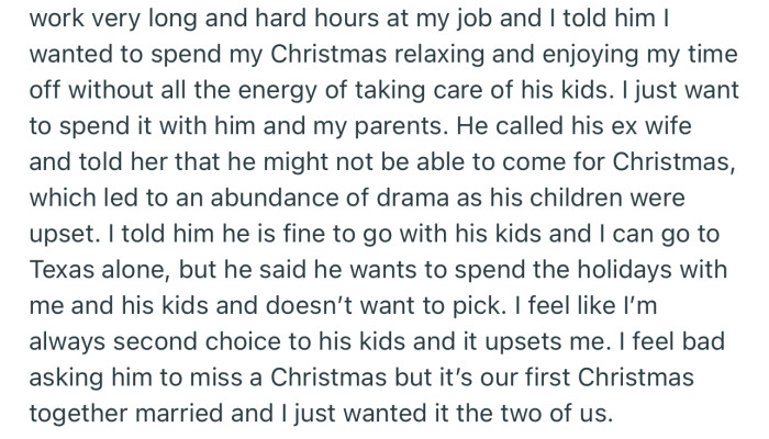 OP wants her and her husband to spend Christmas together, but she doesn’t want him to have to choose between her and his kids