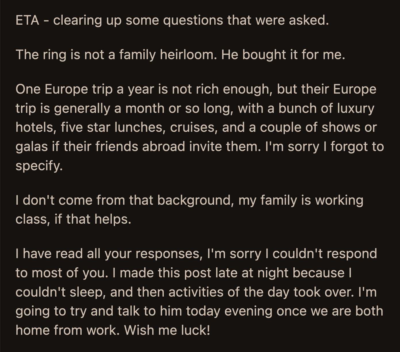 OP explained that her future in-laws were the type of people to go on a month-long luxurious European vacation to meet their equally rich friends.
