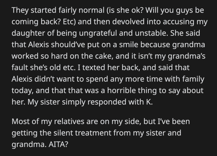 OP's Relatives Are on His and Alexis's Side. They Have Been Getting the Cold Shoulder from His Sister and Grandma.