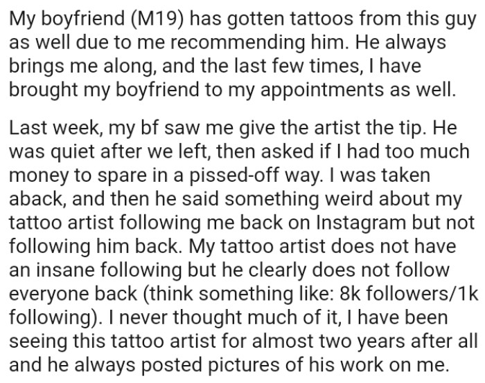 OP's boyfriend asked if she had too much money to spare in a pissed-off way.